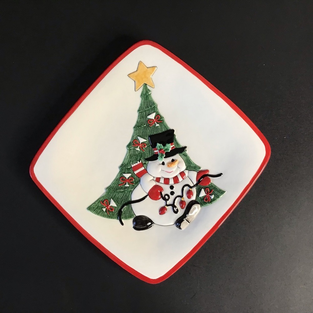 NIB Fitz and Floyd Square Snowman Plate Cheers Collection